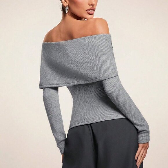 Grey Casual Women's Off-Shoulder Leather buckle Detailed shirt - Picture 2 of 7